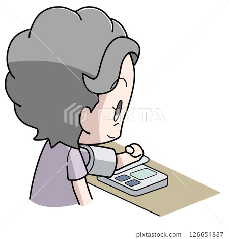 Illustration of an elderly woman measuring her blood pressure with an automatic upper arm blood pressure monitor 126654887