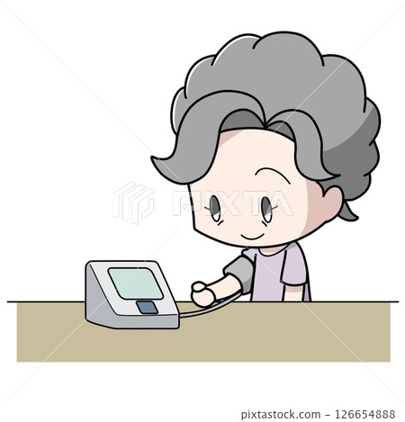 一位老年婦女使用上臂袖帶血壓監測儀測量血壓的插圖 一位老年婦女使用上臂袖帶血壓監測儀測量血壓的插圖 126654888