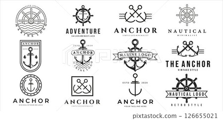 set of nautical or marine logo vector illustration template icon design. bundle collection of various navy logo anchor ship steering wheel line art and vintage style badge and isolated logo set of nautical or marine logo vector illustration template icon design. bundle collection of various navy logo anchor ship steering wheel line art and vintage style badge and isolated logo 126655021