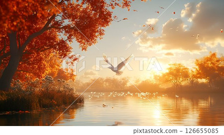 Serene Autumn Landscape with Birds Flying at Sunset 126655085