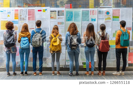 Diverse group of students analyzing information on a bulletin board Diverse group of students analyzing information on a bulletin board 126655118