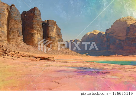 Majestic sandstone cliffs in Wadi Rum desert under serene blue sky 126655119