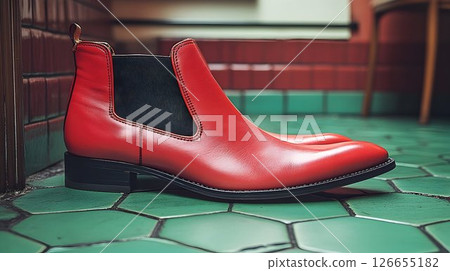 Statement red leather Chelsea boots on a vintage geometric tiled floor 126655182