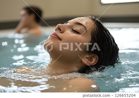 Serene escape, woman enjoying tranquil water relaxation in bathhouse Serene escape, woman enjoying tranquil water relaxation in bathhouse 126655204