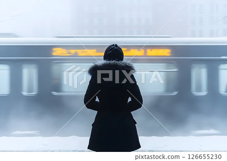 A Winter's Wait, Woman Observing a Passing Train in Snowy Weather Conditions 126655230