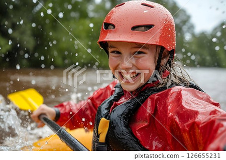 Enthusiastic young girl kayaking with a bright smile in whitewater adventure 126655231