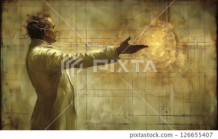 Scientific Discovery, A man touching a glowing sphere, representing innovation 126655407
