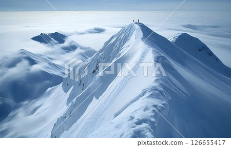 Spectacular Snowy Mountain Peak Landscape with Distant Figures at Summit Spectacular Snowy Mountain Peak Landscape with Distant Figures at Summit 126655417