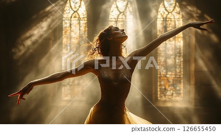 Ethereal Dance, A Ballerina's Grace Illuminated by Church Windows 126655450