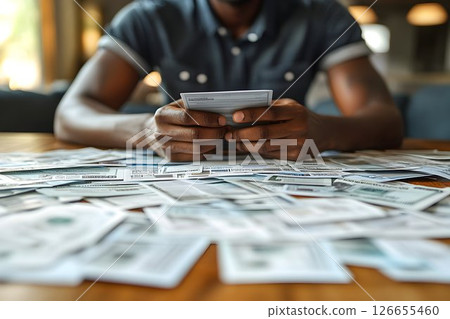 Close-up of a man holding a check amidst a pile of money on a wooden table Close-up of a man holding a check amidst a pile of money on a wooden table 126655460