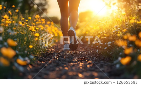 Woman's legs walking on a path with wildflowers at golden hour during sunset 126655585