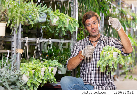 Adult male seller holding pots of sedum burrito Adult male seller holding pots of sedum burrito 126655851