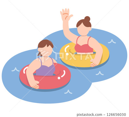 Illustration of two women swimming in the ocean with swim rings Illustration of two women swimming in the ocean with swim rings 126656030