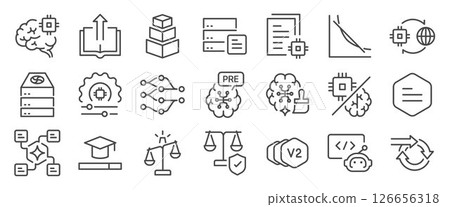 LLM training icon set. It includes prompt, code, ai, engineering, generated and more icons. 126656318