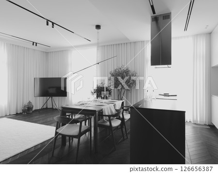 A Modern and Minimalist Living Space Featuring a Dining Area and Cable Television Setup 126656387