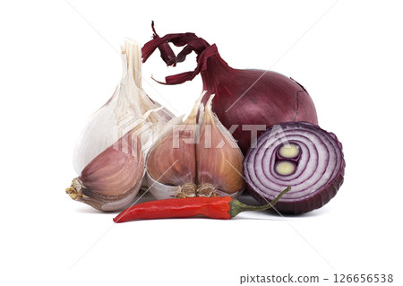 Fresh Garlic, Red Onion, and Chili Pepper on a White Background 126656538