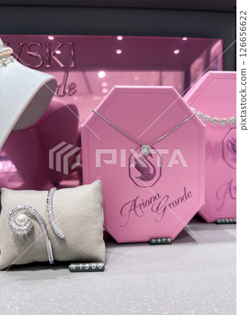 Jewelry display featuring ariana grande collection at swarovski store in penang Jewelry display featuring ariana grande collection at swarovski store in penang 126656622