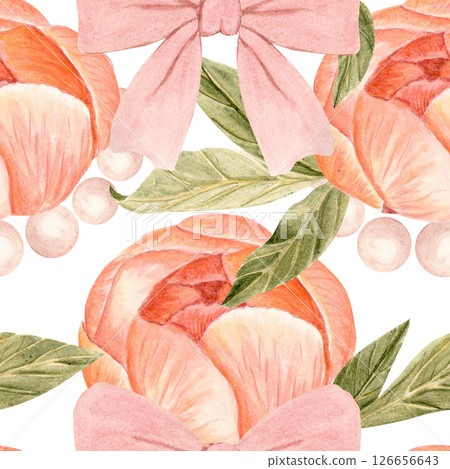 Pink bows, peonies, green leaves, and pearls seamless watercolor pattern on white background . Hand-painted in soft tones. Perfect for textiles, packaging, wallpapers, stationery, weddings, and 126656643