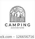 camping logo line art simple minimalist vector illustration template icon design. adventure and wanderlust symbol for activity outdoor summer camp with badge concept 126656716