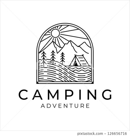 camping logo line art simple minimalist vector illustration template icon design. adventure and wanderlust symbol for activity outdoor summer camp with badge concept camping logo line art simple minimalist vector illustration template icon design. adventure and wanderlust symbol for activity outdoor summer camp with badge concept 126656716