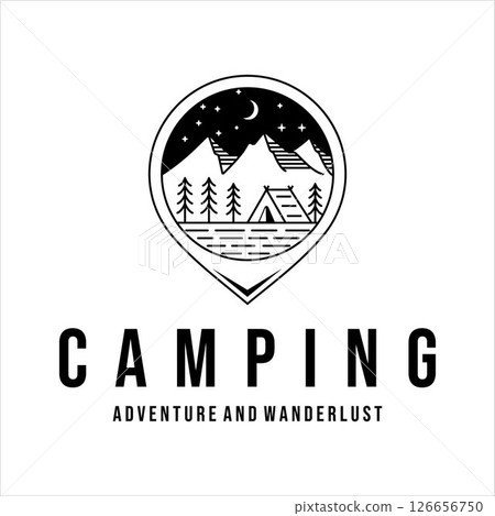 camping logo line art vector illustration template icon design. adventure and wanderlust concept with vintage night at forest and mountain place 126656750