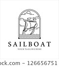 sailboat logo line art simple minimalist vector illustration template icon design. nautical yacht or marine concept with ship at ocean with badge label emblem 126656751