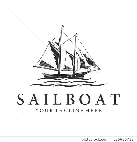 sailboat logo vintage vector illustration template icon design. nautical or marine concept yacht with ship at ocean 126656752