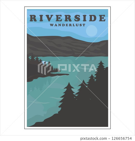 riverside or lake vintage poster vector background illustration template design. adventure at the nature concept wanderlust retro poster 126656754