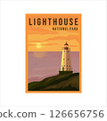 lighthouse vintage poster illustration template design. hill on the beach with sunset view concept backgroundv 126656756