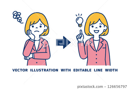 女職員思考姿勢和靈感姿勢的向量插圖_線寬可編輯 126656797