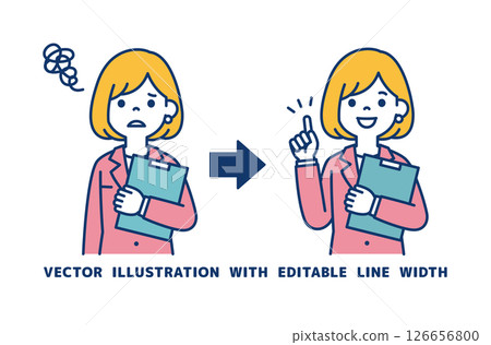 一位女性辦公室職員的向量插圖，她表情困惑又充滿靈感_線條寬度可以編輯 126656800