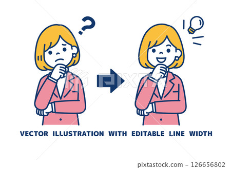Vector illustration of a female office worker in a worried pose and a thoughtful pose_Line width can be edited Vector illustration of a female office worker in a worried pose and a thoughtful pose_Line width can be edited 126656802