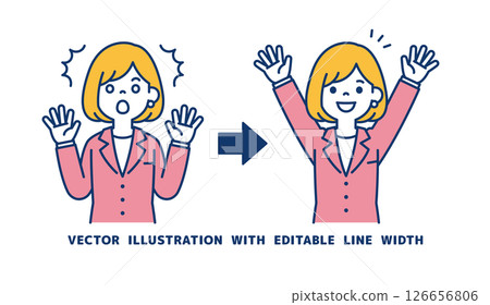 Vector illustration of a female office worker in a surprised pose and an overjoyed pose_Line width can be edited 126656806