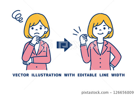 Vector illustration of a female office worker solving a problem_Line width can be edited Vector illustration of a female office worker solving a problem_Line width can be edited 126656809