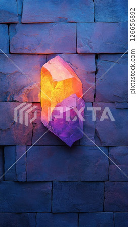 Glowing crystal shining in the middle of a cracked brick wall under vibrant light 126656892