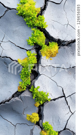 Vibrant moss thriving in cracked mud under bright daylight from a high angle view 126656893