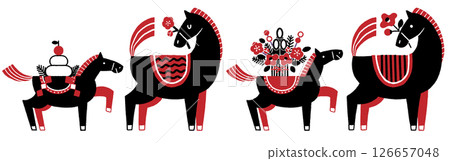 Year of the Horse New Year's Card Illustration Set (Parent and Child Horses and a Festive New Year) 126657048