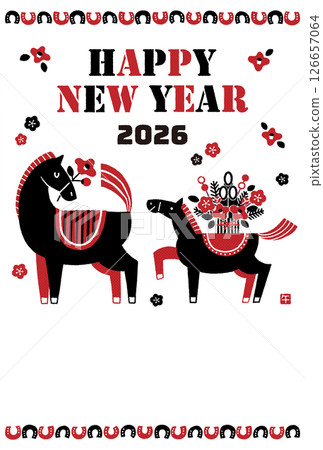 2026年馬年新年賀卡插圖(馬和嬰兒以及喜慶的新年) 2026年馬年新年賀卡插圖(馬和嬰兒以及喜慶的新年) 126657064