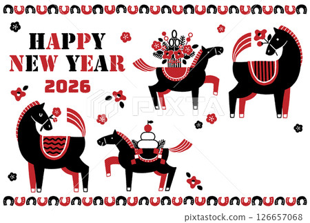 2026年馬年新年賀卡插圖(馬和嬰兒以及喜慶的新年) 2026年馬年新年賀卡插圖(馬和嬰兒以及喜慶的新年) 126657068