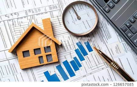 Real estate market financial analysis with house model and calculator 126657085