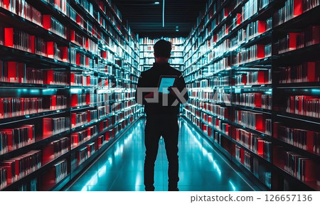 Modern library with futuristic neon lighting and a person using a tablet 126657136