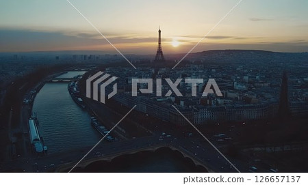 Panoramic view of Paris cityscape with Seine river at the scenic twilight Panoramic view of Paris cityscape with Seine river at the scenic twilight 126657137