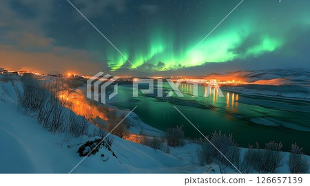 Spectacular Aurora Borealis Display Reflecting Over Frozen River Landscape 126657139
