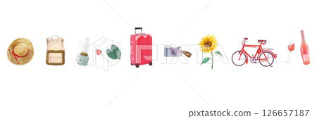 各種時尚旅行用品、向日葵、帽子等圖示插圖集向量素材。 126657187