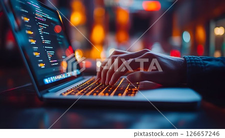 Hands Typing Code on Glowing Laptop Keyboard in Night City Environment 126657246