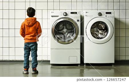 Intrigued youngster observes washing machines in tiled utility room setting 126657247