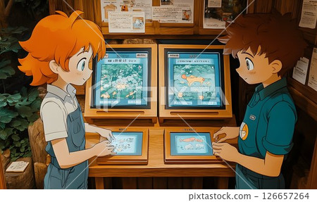 Animated characters engaging with interactive displays in a museum setting 126657264