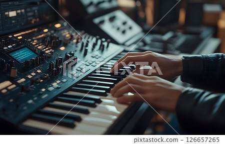 Creative musician crafting melody on a modern synthesizer, music production 126657265