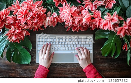 Floral workspace with digital keyboard and hands, modern working atmosphere Floral workspace with digital keyboard and hands, modern working atmosphere 126657282