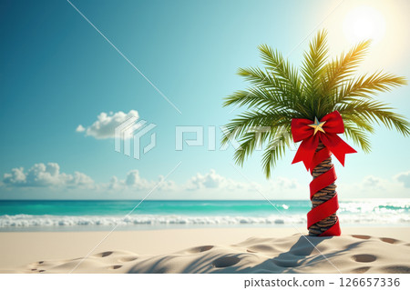 Holiday cheer on a sunny beach with a festive palm tree and clear blue skies. AI generation Holiday cheer on a sunny beach with a festive palm tree and clear blue skies. AI generation 126657336